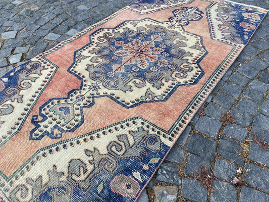 Vintage Turkish Accent Area rug 3.7 x 7.3 ft