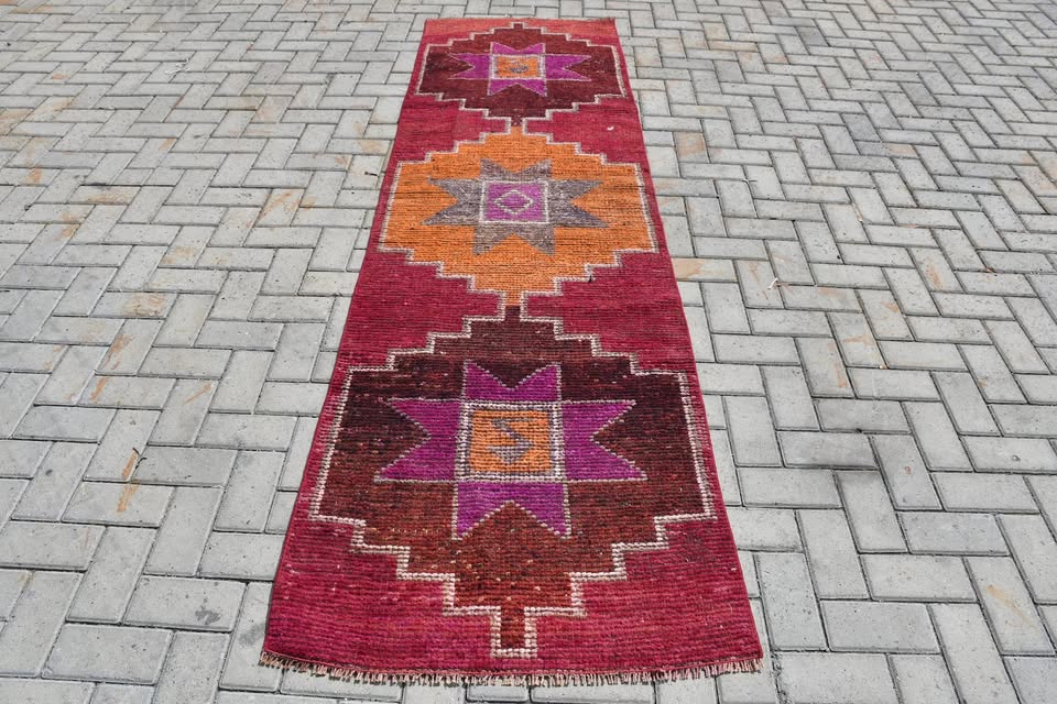 Vintage Turkish Runner Rug 2.6 x 9.3 ft