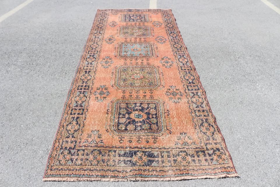 Vintage Turkish accent area rug 4.2 x 11.3 ft