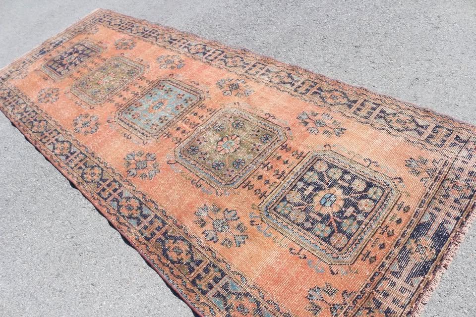 Vintage Turkish accent area rug 4.2 x 11.3 ft