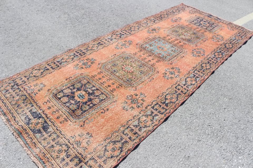 Vintage Turkish accent area rug 4.2 x 11.3 ft