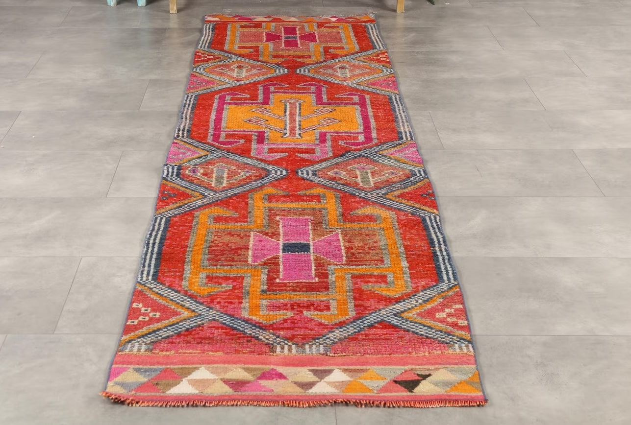 Vintage Turkish Runner Rug 2.9 x 10.9 ft