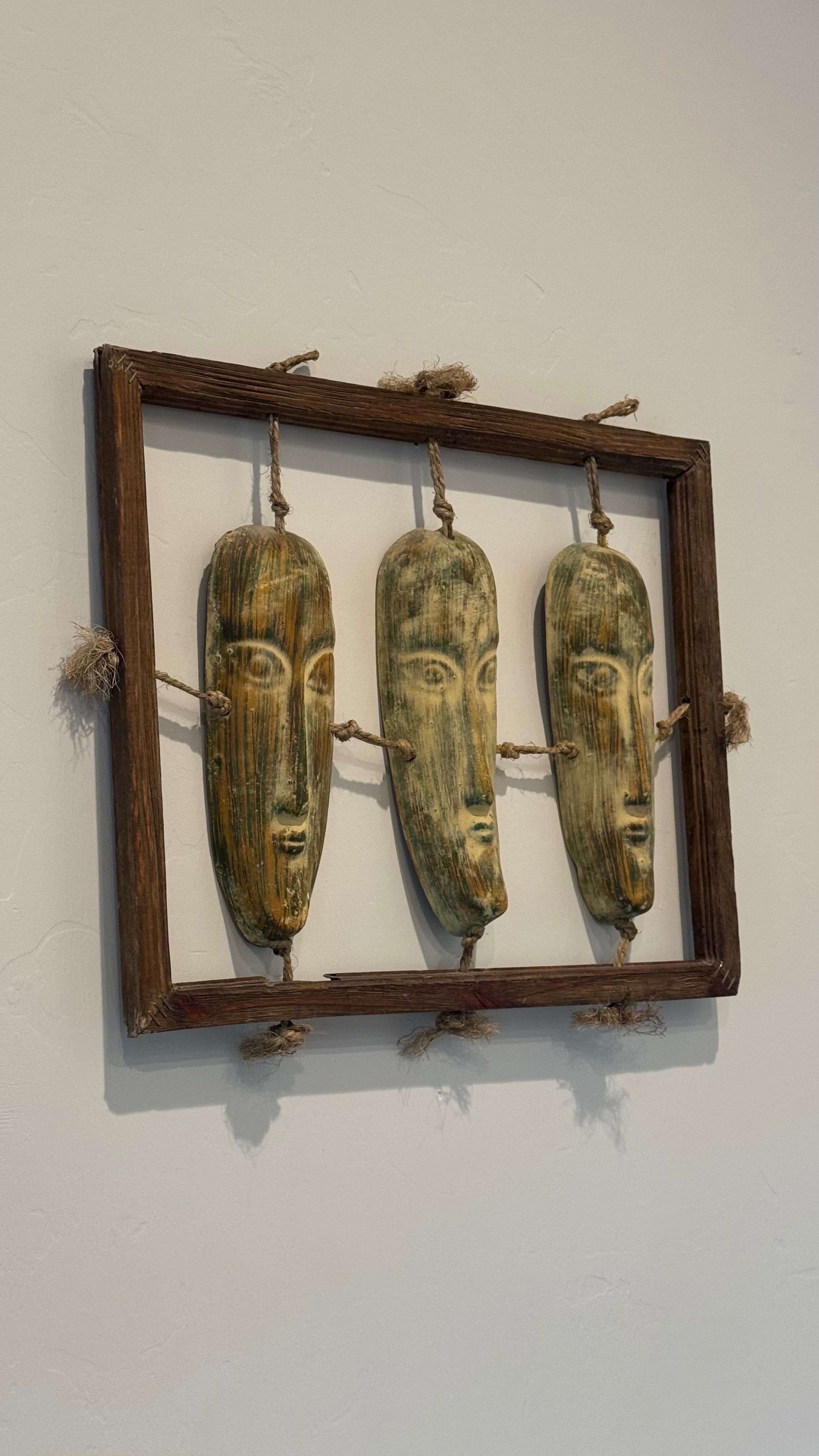 Vintage Handcrafted Wall Folk art Wood Rope Frame Ceramic Rustic Heads
