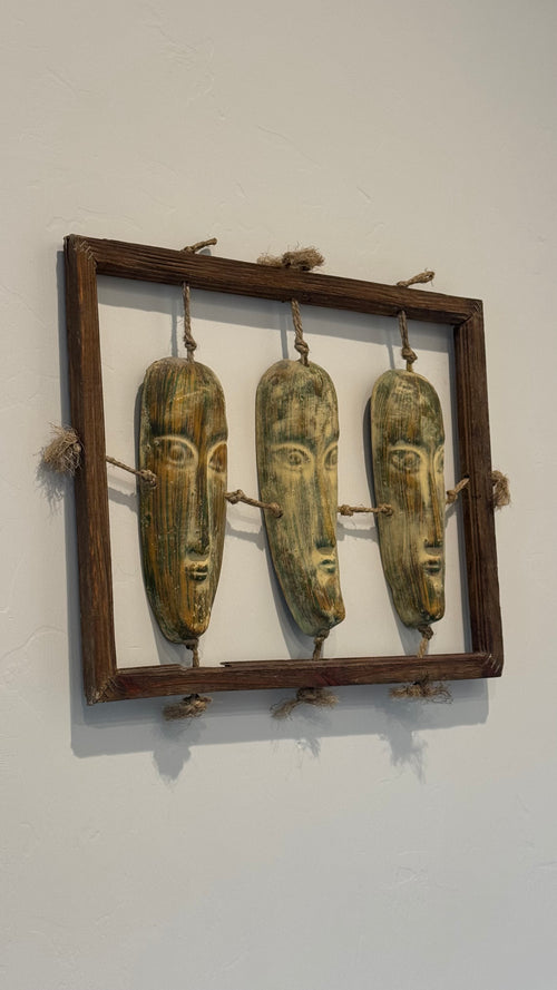 Vintage Handcrafted Wall Folk art Wood Rope Frame Ceramic Rustic Heads