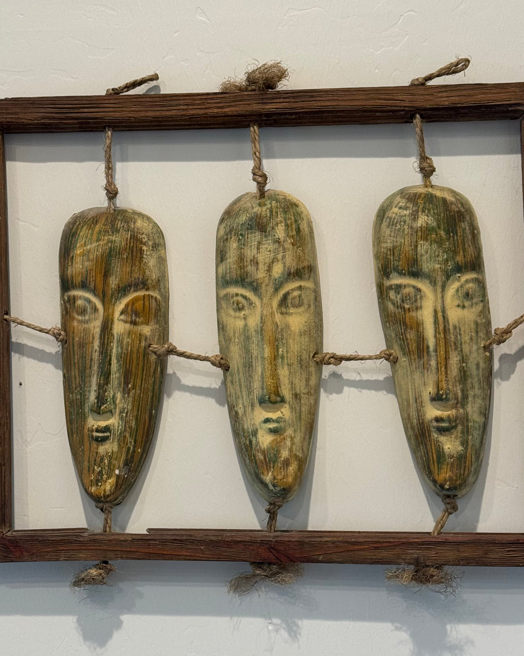 Vintage Handcrafted Wall Folk art Wood Rope Frame Ceramic Rustic Heads