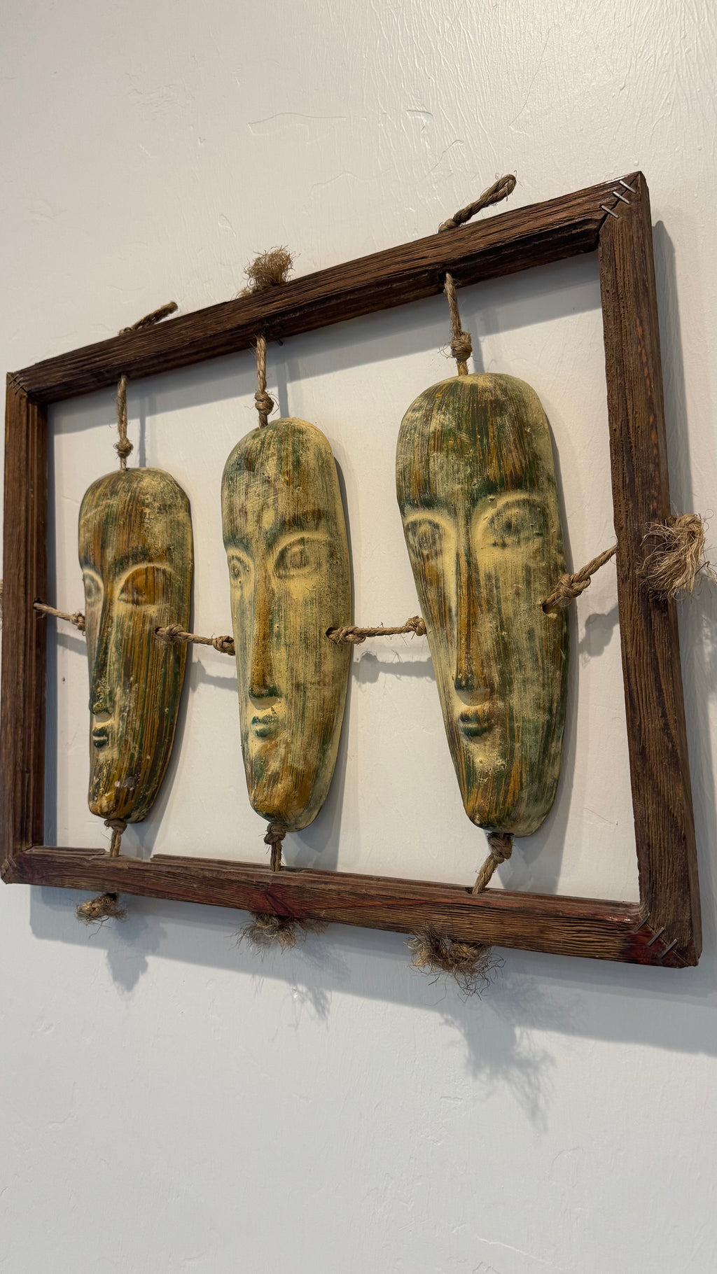 Vintage Handcrafted Wall Folk art Wood Rope Frame Ceramic Rustic Heads