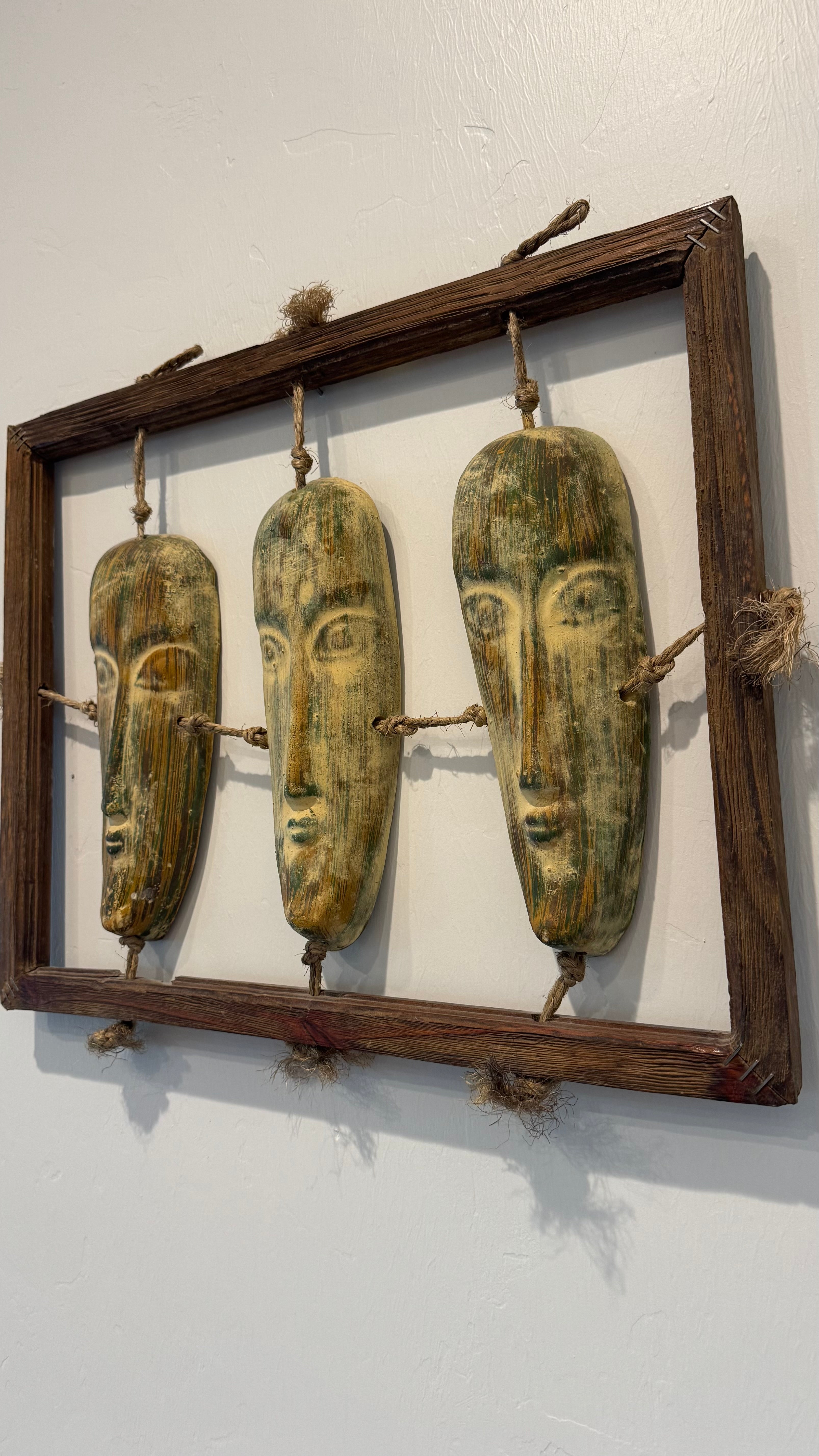 Vintage Handcrafted Wall Folk art Wood Rope Frame Ceramic Rustic Heads