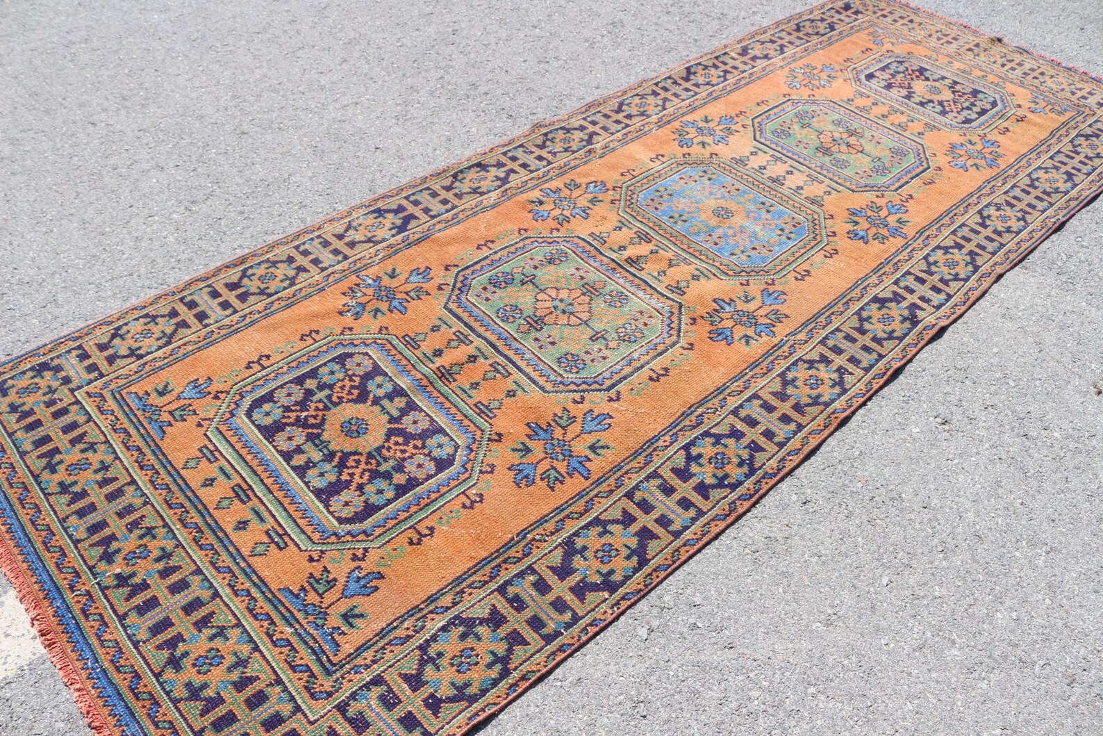 Vintage Turkish Accent Area rug 4.1 x 11.3 ft
