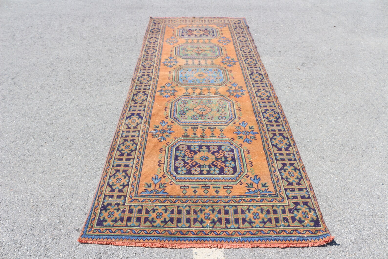 Vintage Turkish Accent Area rug 4.1 x 11.3 ft