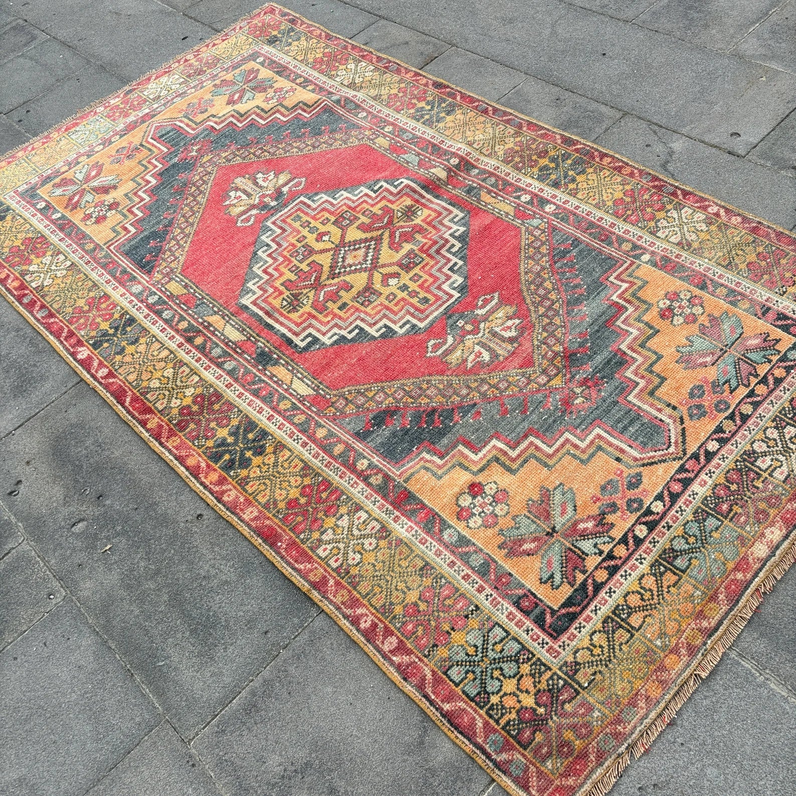 Vintage Turkish Accent Area rug 3.6 x 6.4 ft