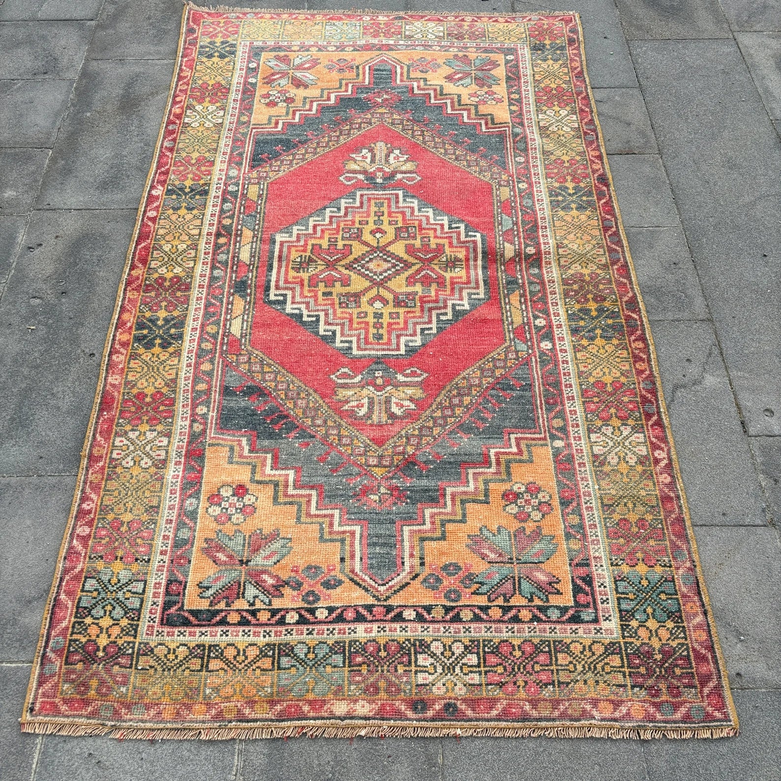 Vintage Turkish Accent Area rug 3.6 x 6.4 ft