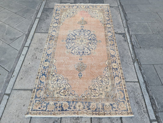 Vintage Turkish Accent Area rug 3.7 x 7.2 ft