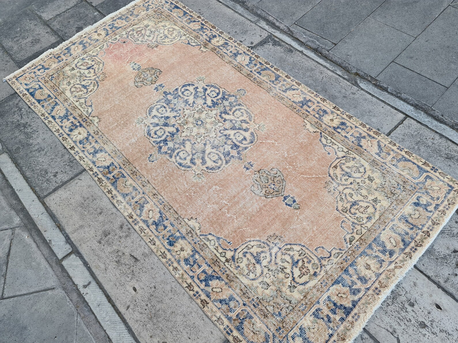 Vintage Turkish Accent Area rug 3.7 x 7.2 ft