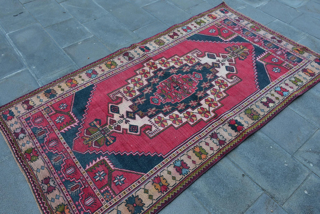 Vintage Turkish Accent Area rug 4 x 7.4 ft