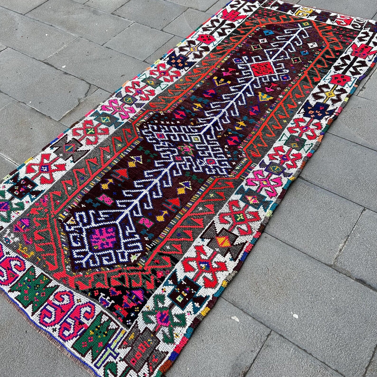 Vintage Turkish Runner Rug 3.5 x 7.4 ft