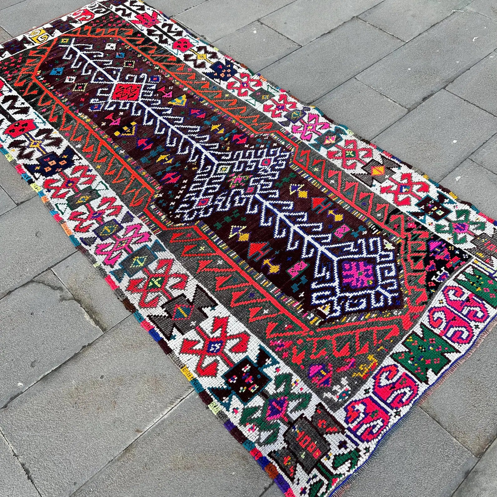 Vintage Turkish Runner Rug 3.5 x 7.4 ft