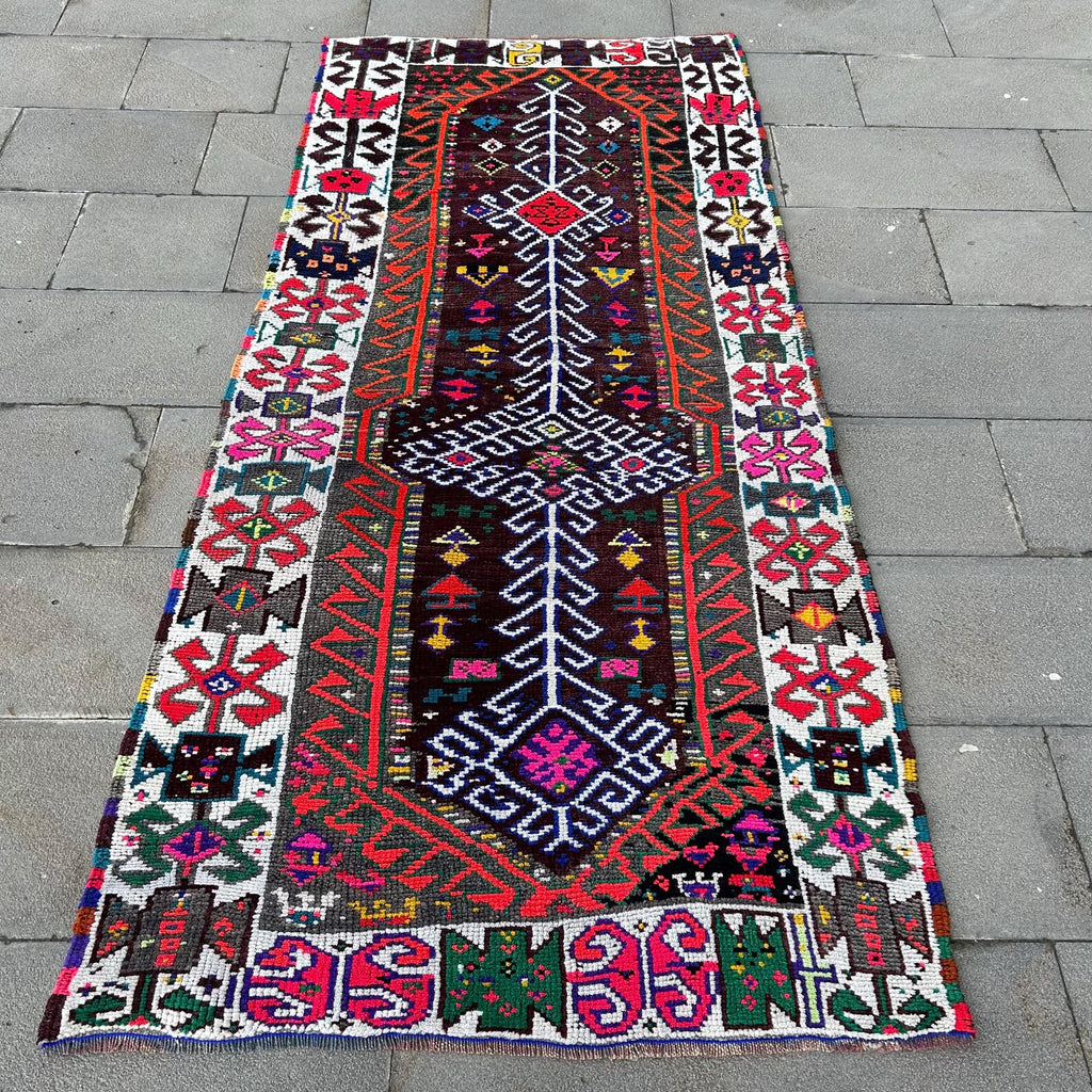 Vintage Turkish Runner Rug 3.5 x 7.4 ft