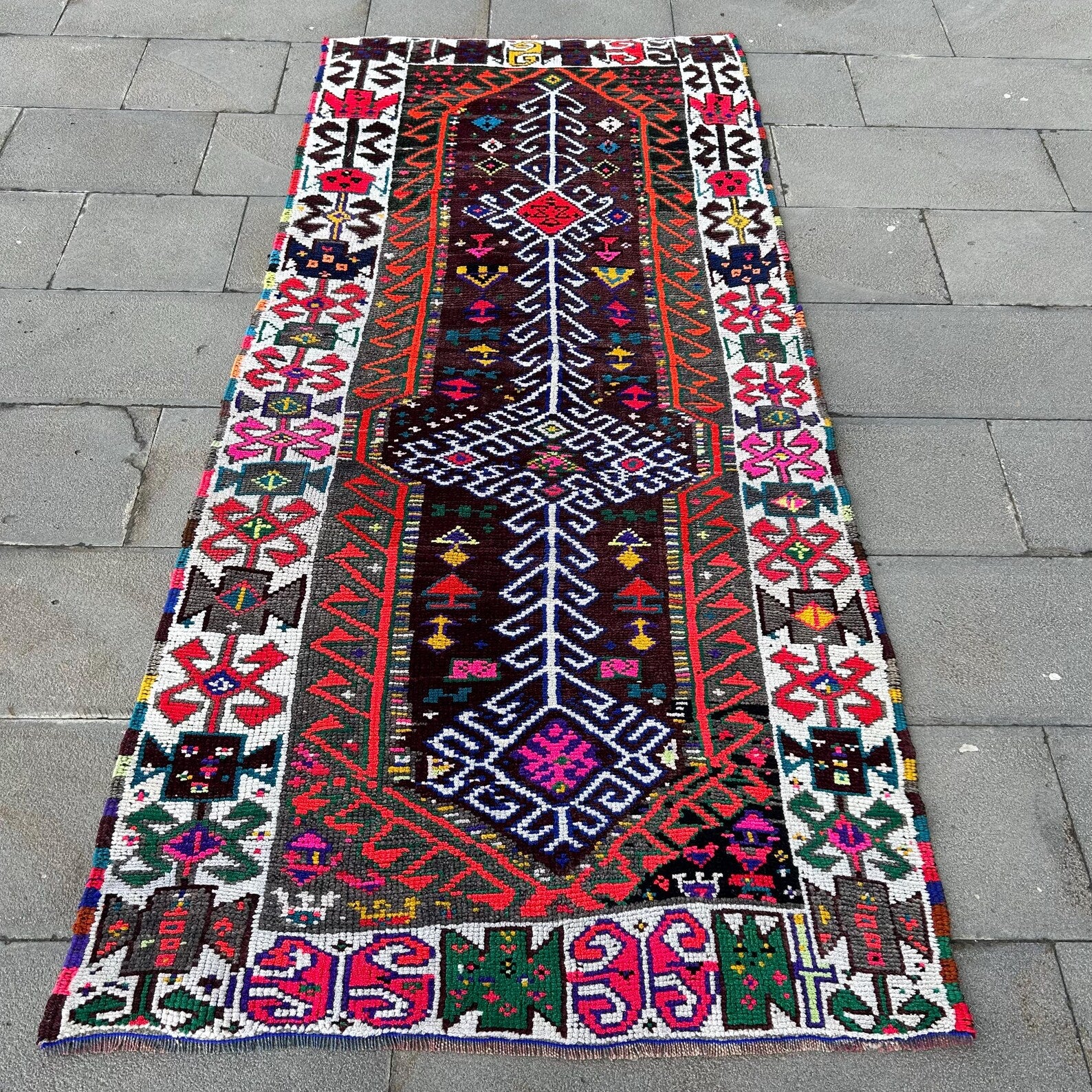 Vintage Turkish Runner Rug 3.5 x 7.4 ft