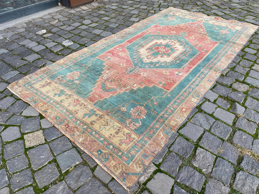 Vintage Turkish Accent Area rug 3.7 x 7.3 ft