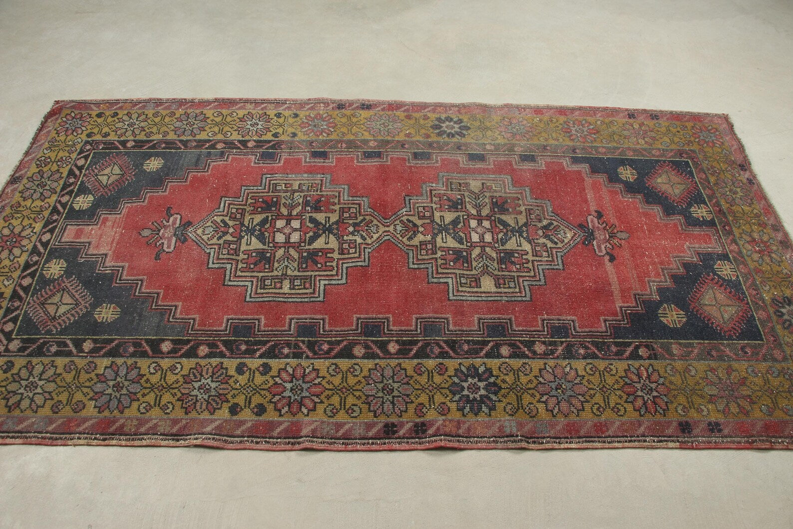 Vintage Turkish Accent Area rug 3.8 x 7.2 ft