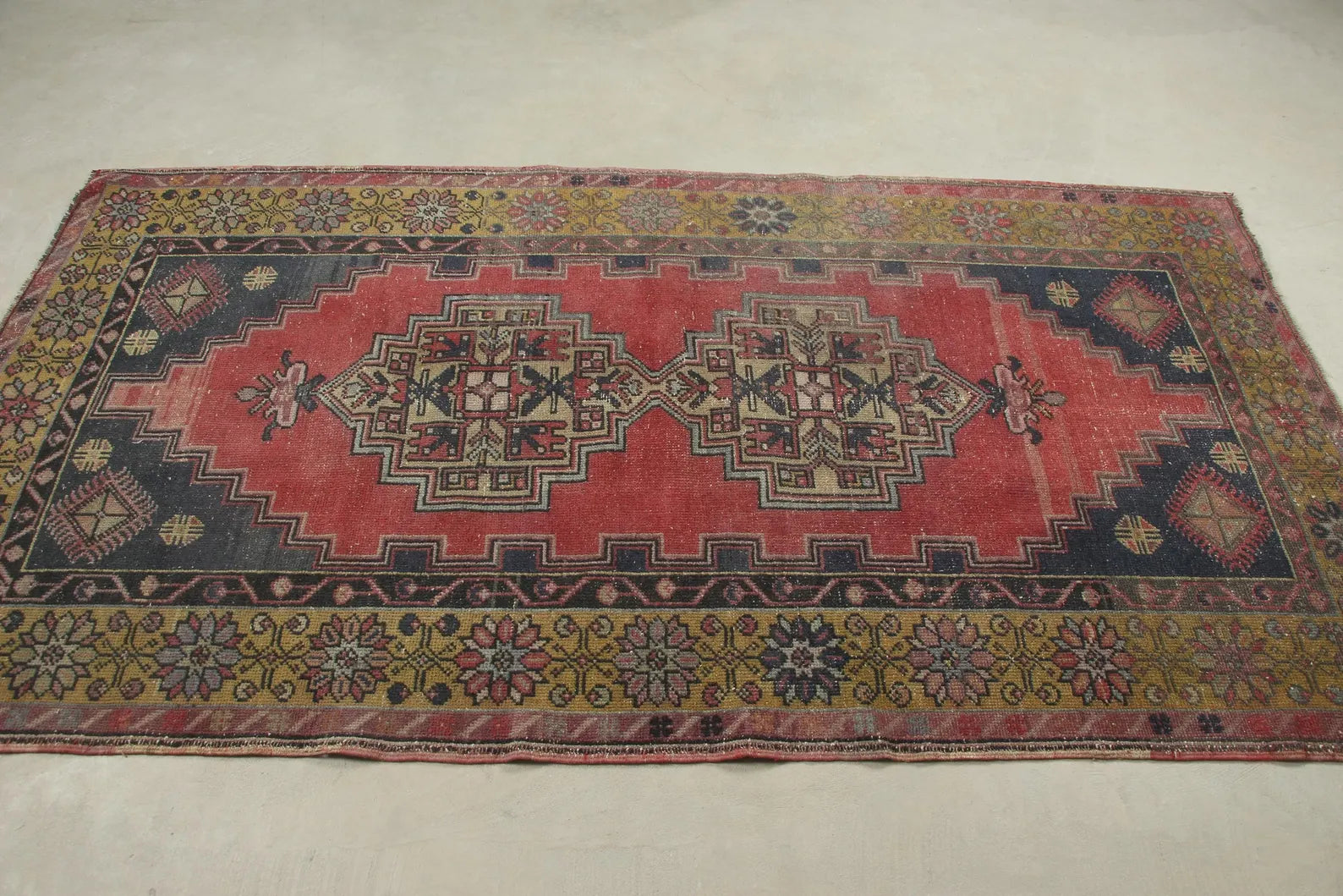 Vintage Turkish Accent Area rug 3.8 x 7.2 ft