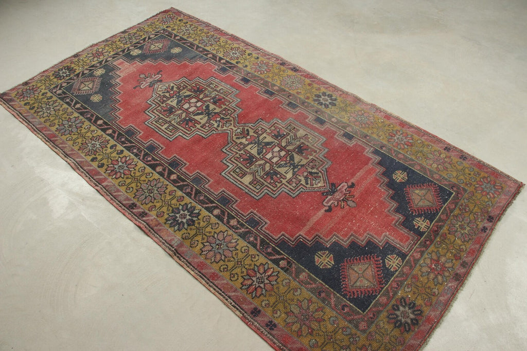 Vintage Turkish Accent Area rug 3.8 x 7.2 ft