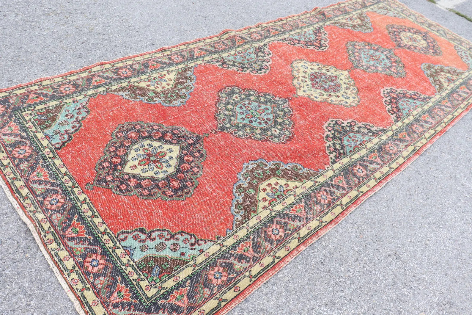 Vintage Turkish Accent Area rug 4.9 x 12.6 ft