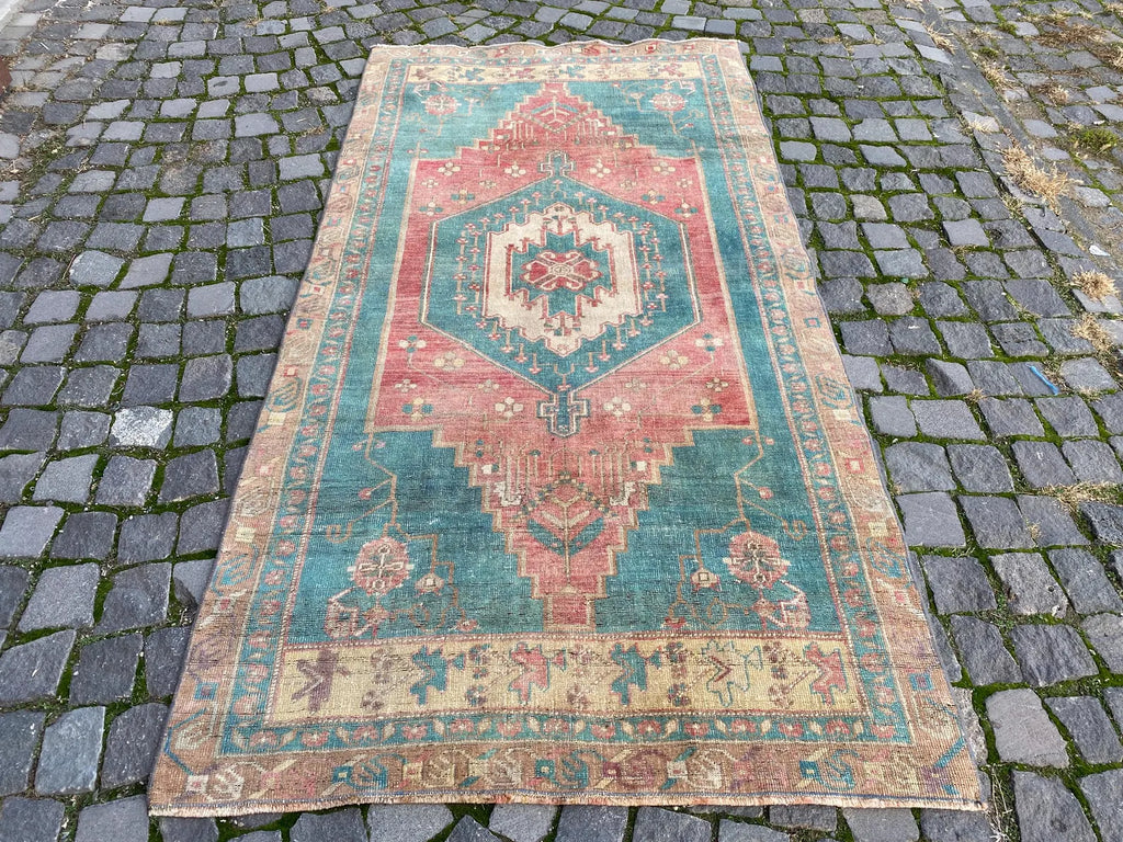 Vintage Turkish Accent Area rug 3.7 x 7.3 ft