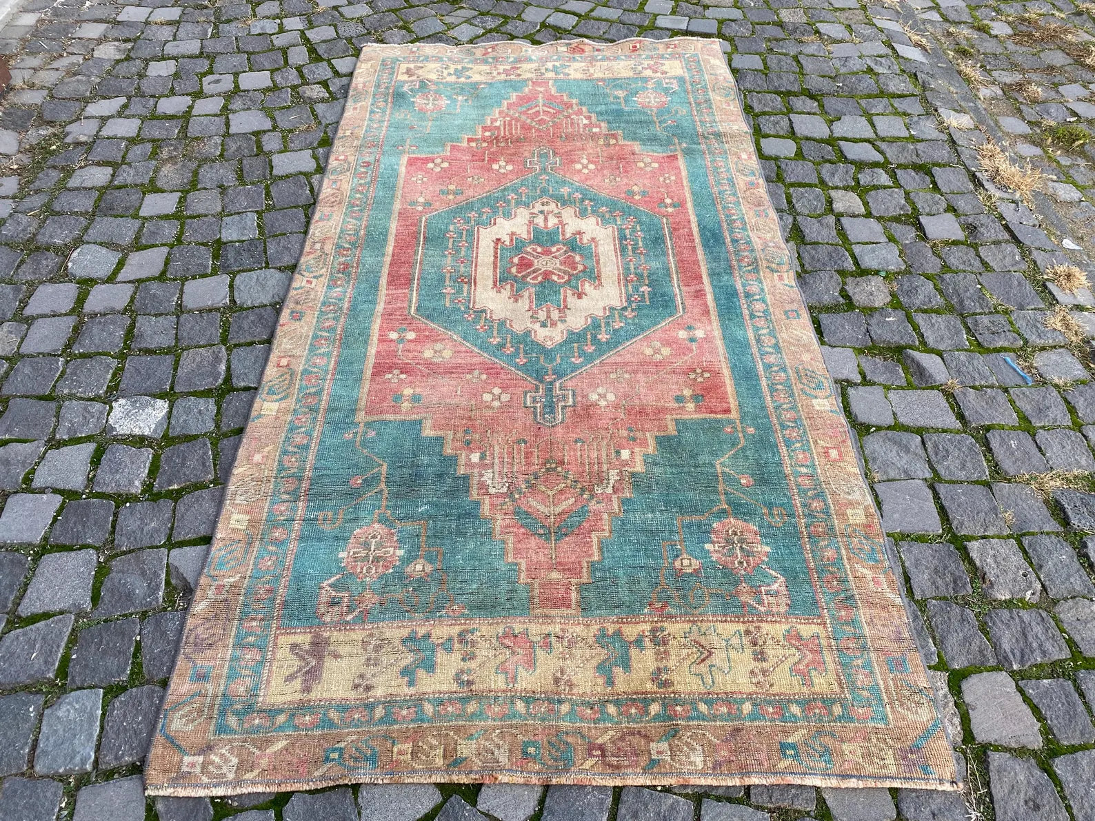 Vintage Turkish Accent Area rug 3.7 x 7.3 ft