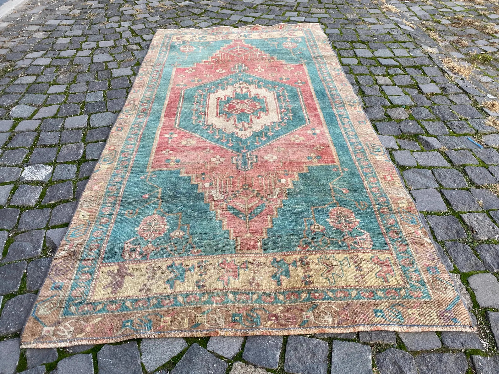 Vintage Turkish Accent Area rug 3.7 x 7.3 ft