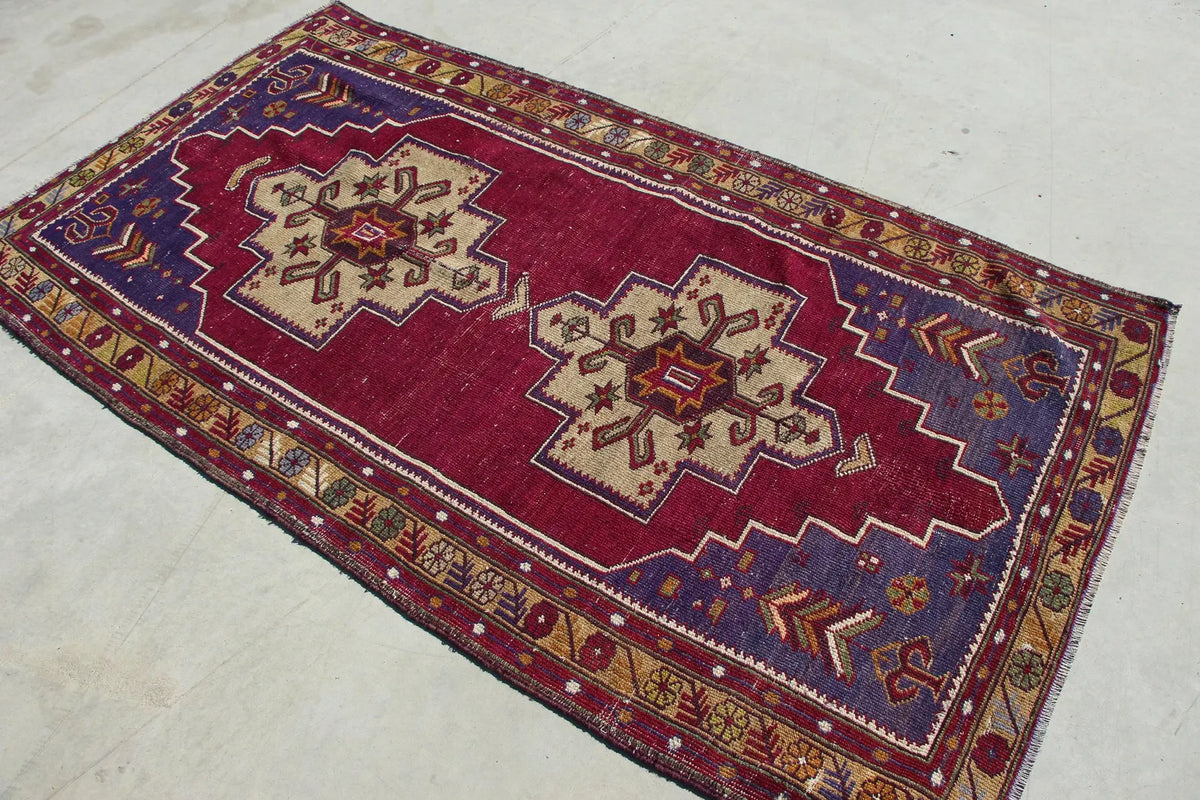 Vintage Turkish Accent Area rug 3.5 x 6.8 ft