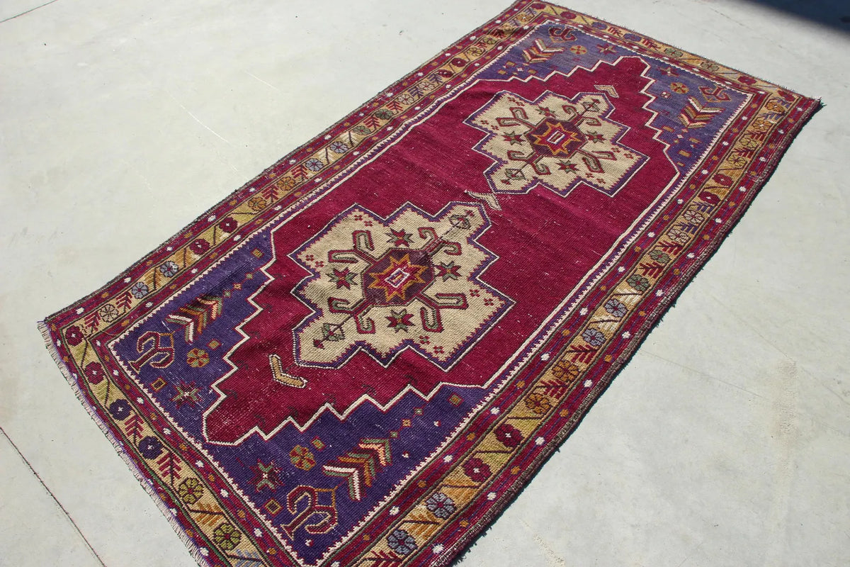 Vintage Turkish Accent Area rug 3.5 x 6.8 ft