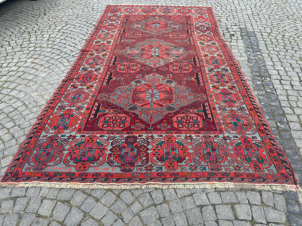 XL Vintage Soumak Accent Area Rug 7 x 13.2 ft