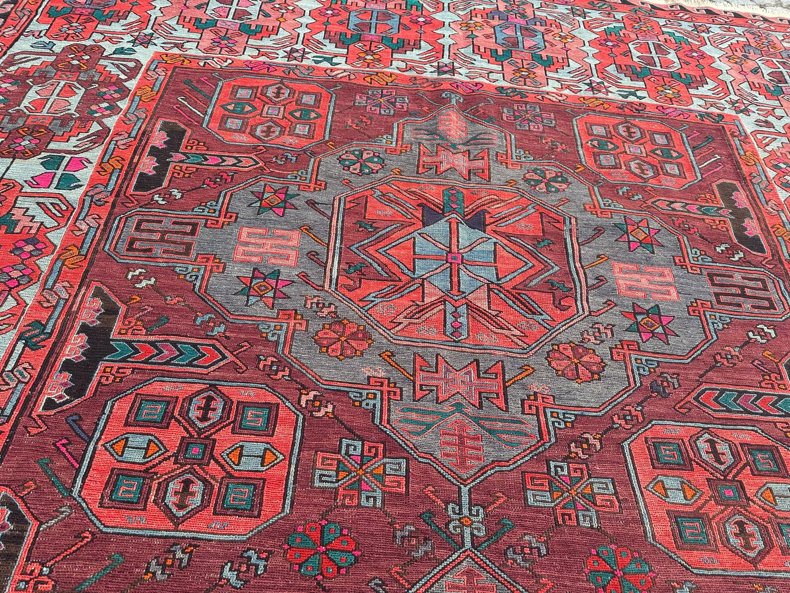 XL Vintage Soumak Accent Area Rug 7 x 13.2 ft