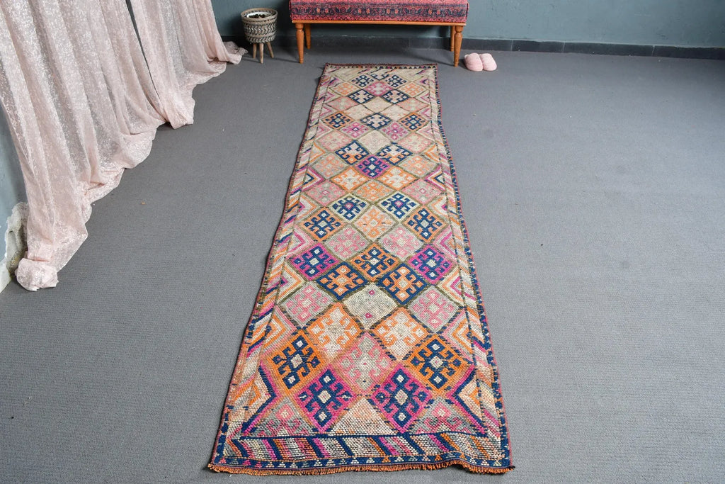 Vintage Turkish Runner Rug 2.6 x 10.1 ft