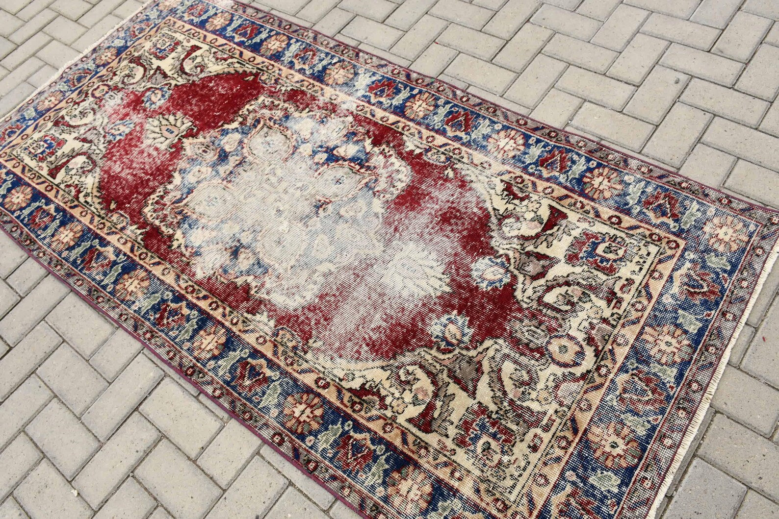 Vintage Turkish Accent Area rug 3.6 x 7.2 ft