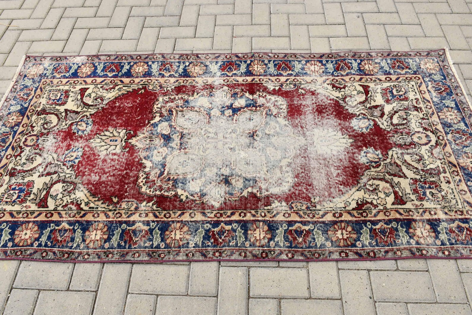 Vintage Turkish Accent Area rug 3.6 x 7.2 ft