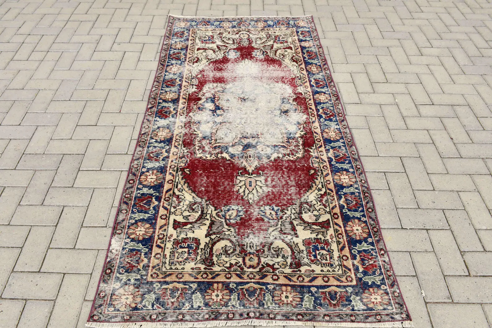 Vintage Turkish Accent Area rug 3.6 x 7.2 ft
