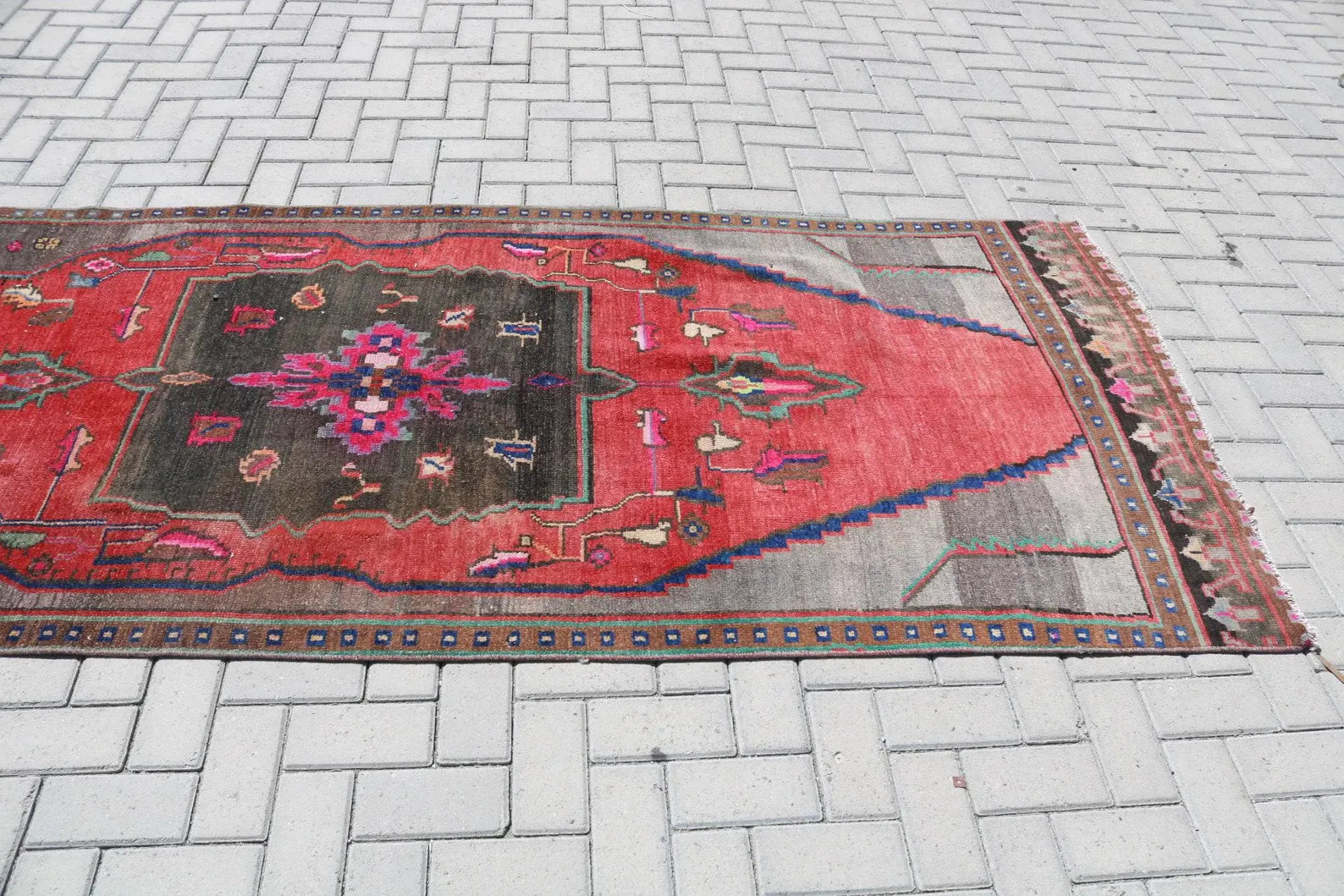 Vintage Turkish Runner Rug 3.8 x 13.6 ft