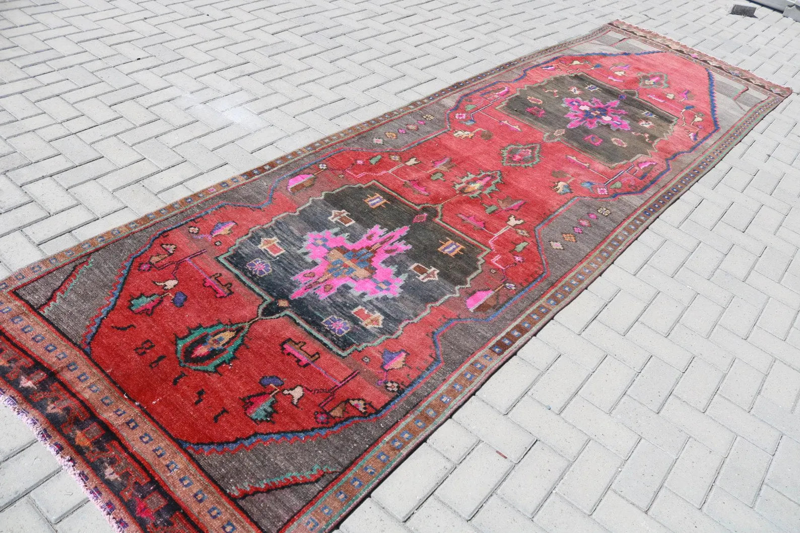 Vintage Turkish Runner Rug 3.8 x 13.6 ft