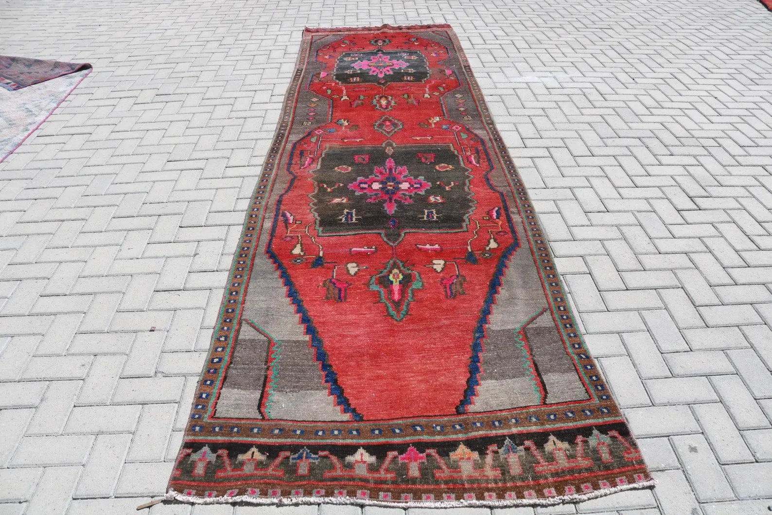 Vintage Turkish Runner Rug 3.8 x 13.6 ft