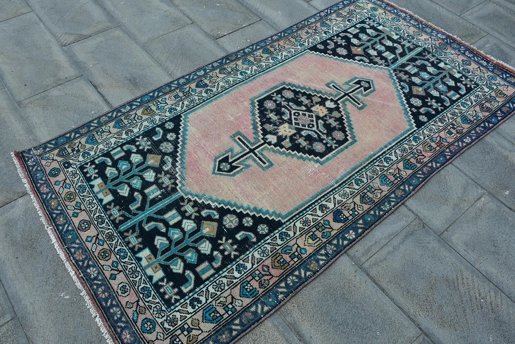 Vintage Turkish Accent Area rug 3.4 x 6.7 ft