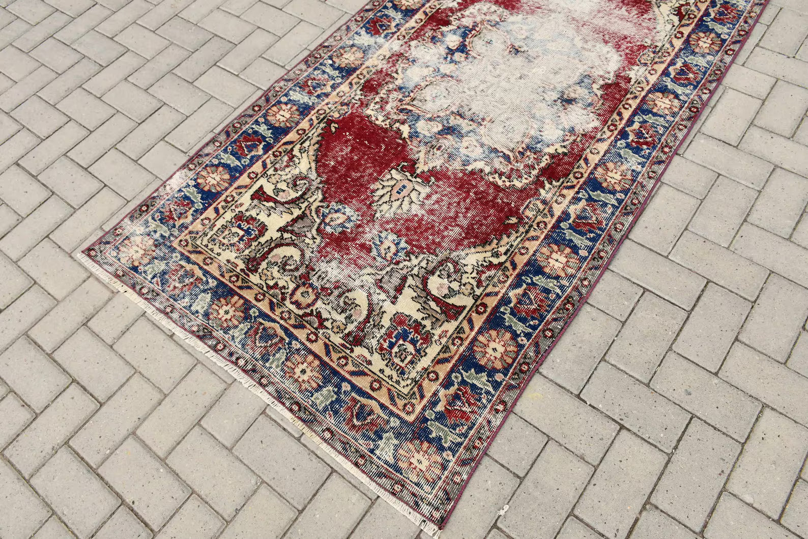 Vintage Turkish Accent Area rug 3.6 x 7.2 ft