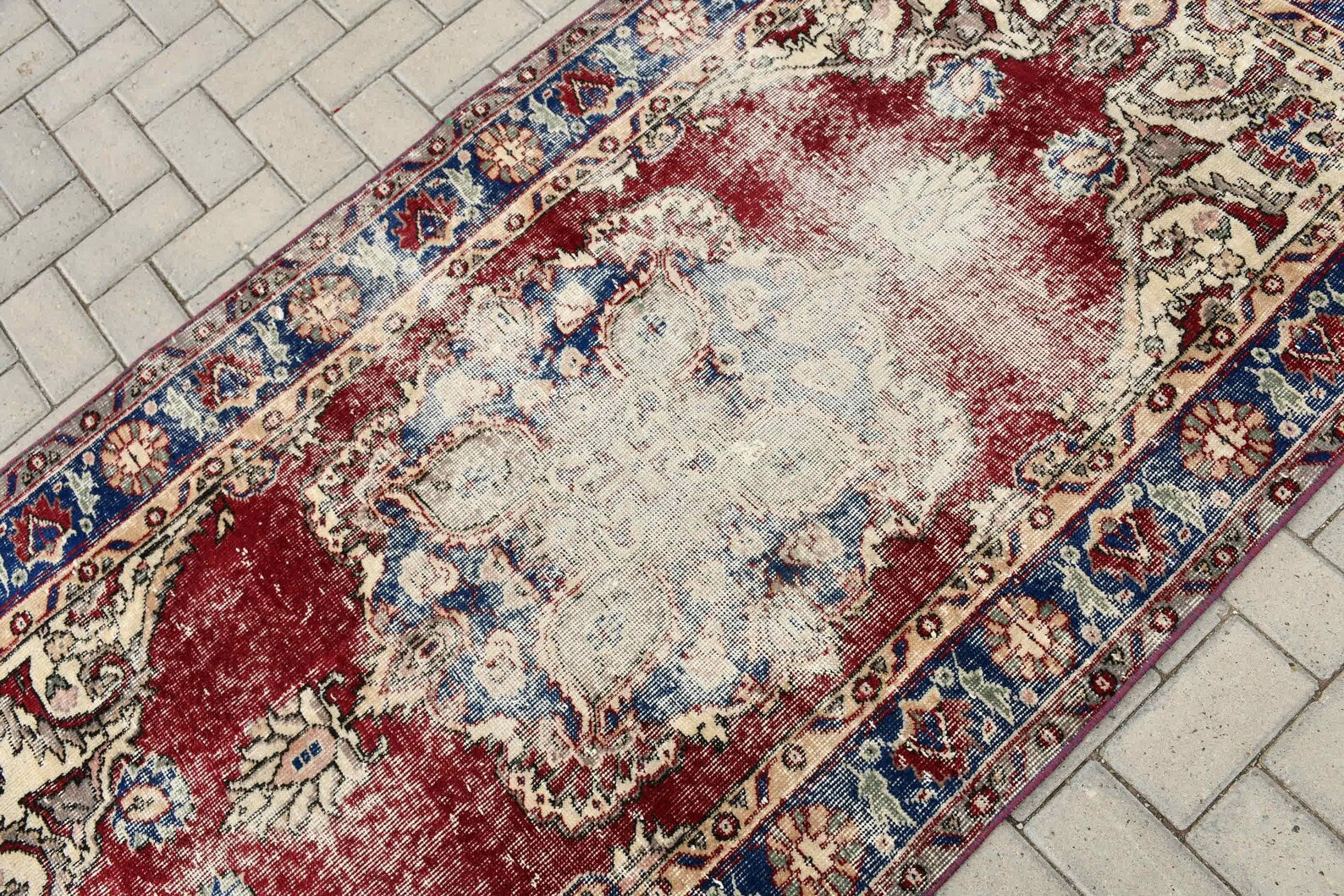 Vintage Turkish Accent Area rug 3.6 x 7.2 ft