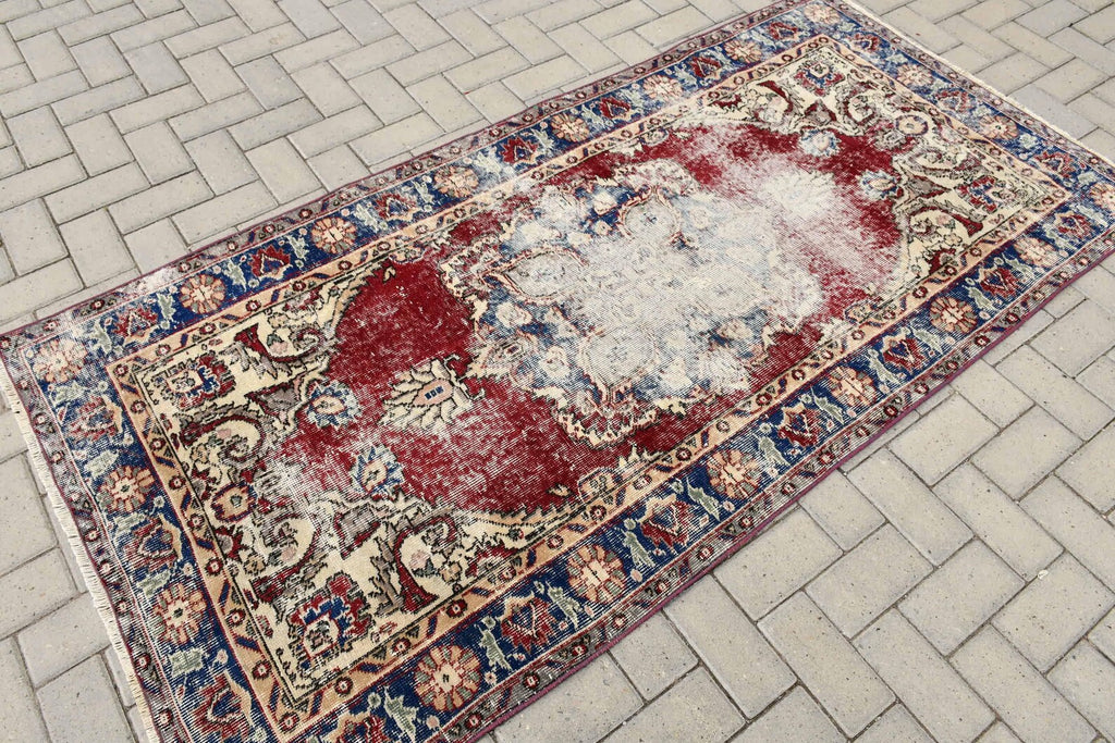 Vintage Turkish Accent Area rug 3.6 x 7.2 ft