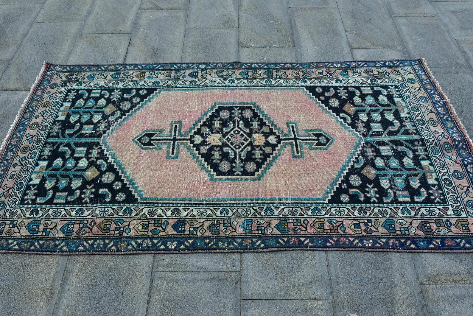 Vintage Turkish Accent Area rug 3.4 x 6.7 ft