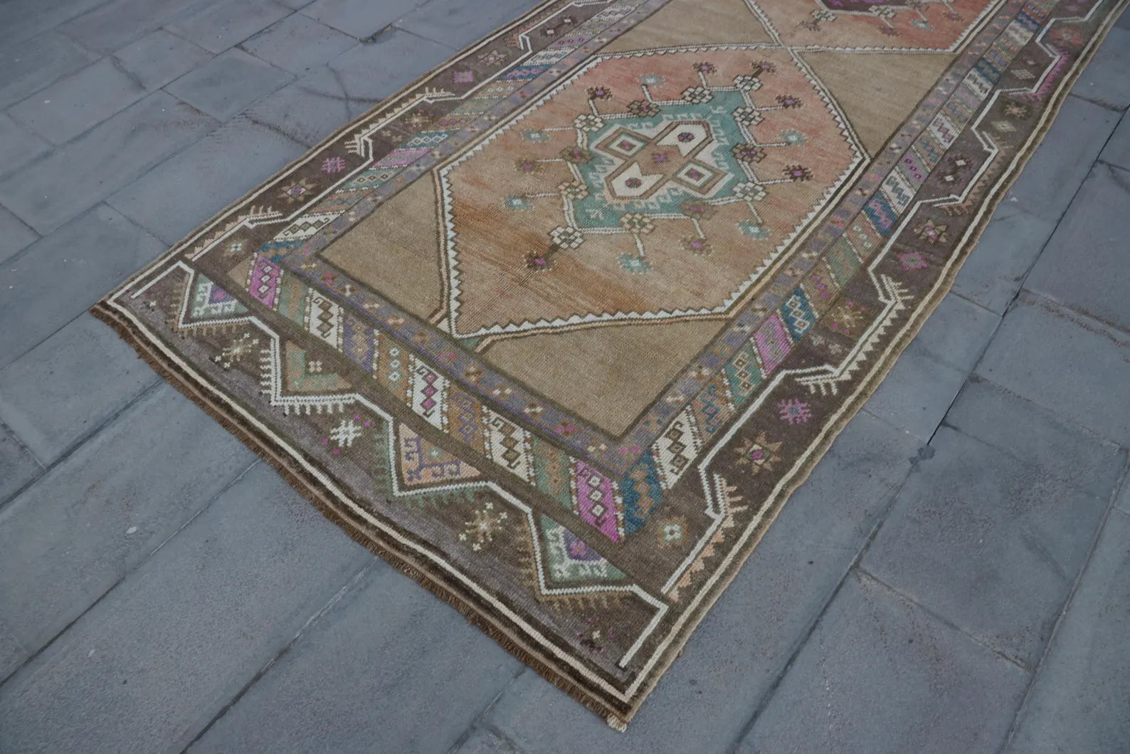 Vintage Turkish Accent Area rug 4.5 x 12.9 ft