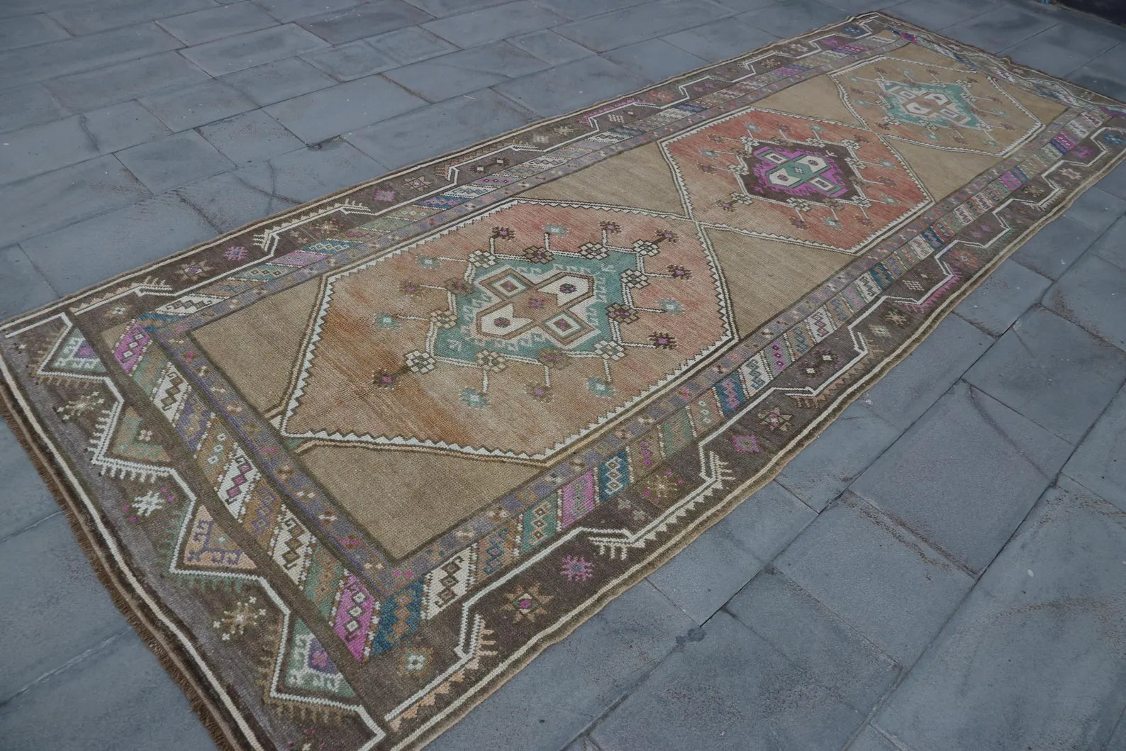 Vintage Turkish Accent Area rug 4.5 x 12.9 ft
