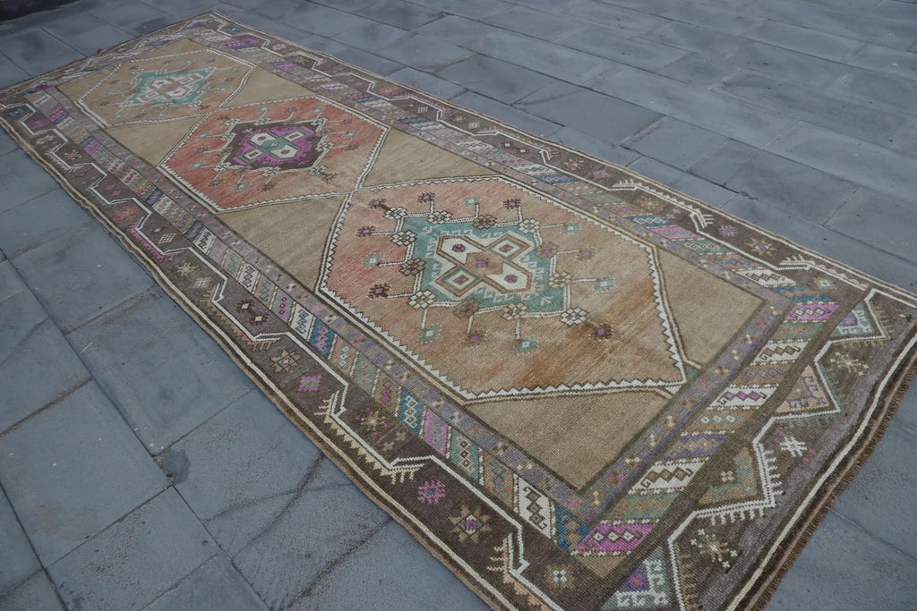 Vintage Turkish Accent Area rug 4.5 x 12.9 ft