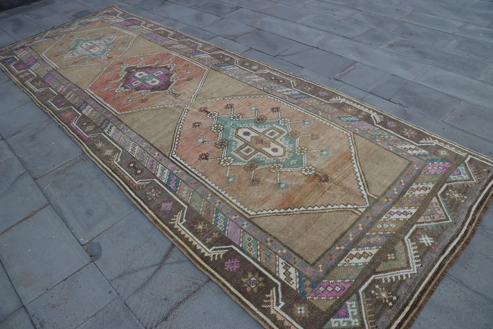 Vintage Turkish Accent Area rug 4.5 x 12.9 ft
